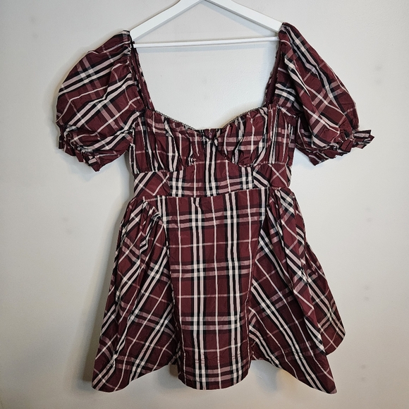 Maeve Plaid Puff Mini Dress Red Anthropologie Short Sleeve Sweetheart NWT XL - Picture 2 of 16